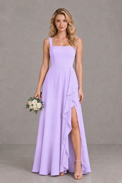 BOLODOO Lilac Square Neck Ruffle A-Line Bridesmaid Dress with Slit - Lilac - Lilac_1