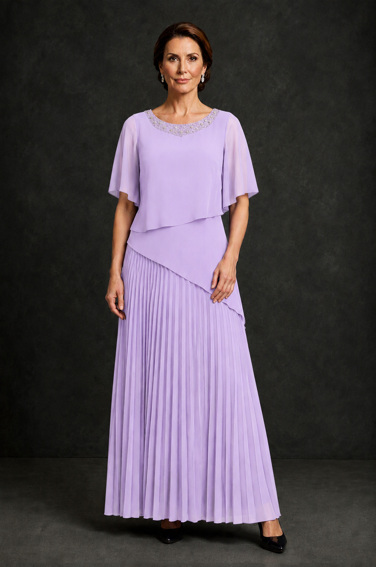 Colmn Graph Overlap BOLODOO Lilac Pearl Beaded Flutter Sleeve Pleated Maxi Dress | MOB Gown
