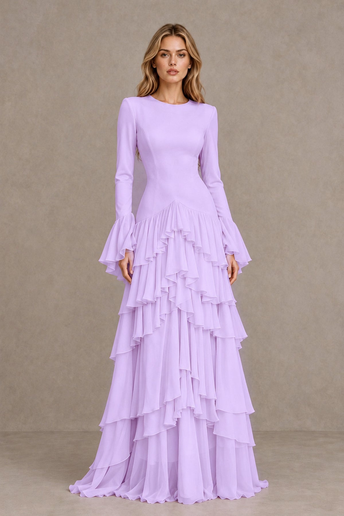 Lilac Long Sleeve Tiered Ruffle Evening Gown - Lilac - Lilac_1
