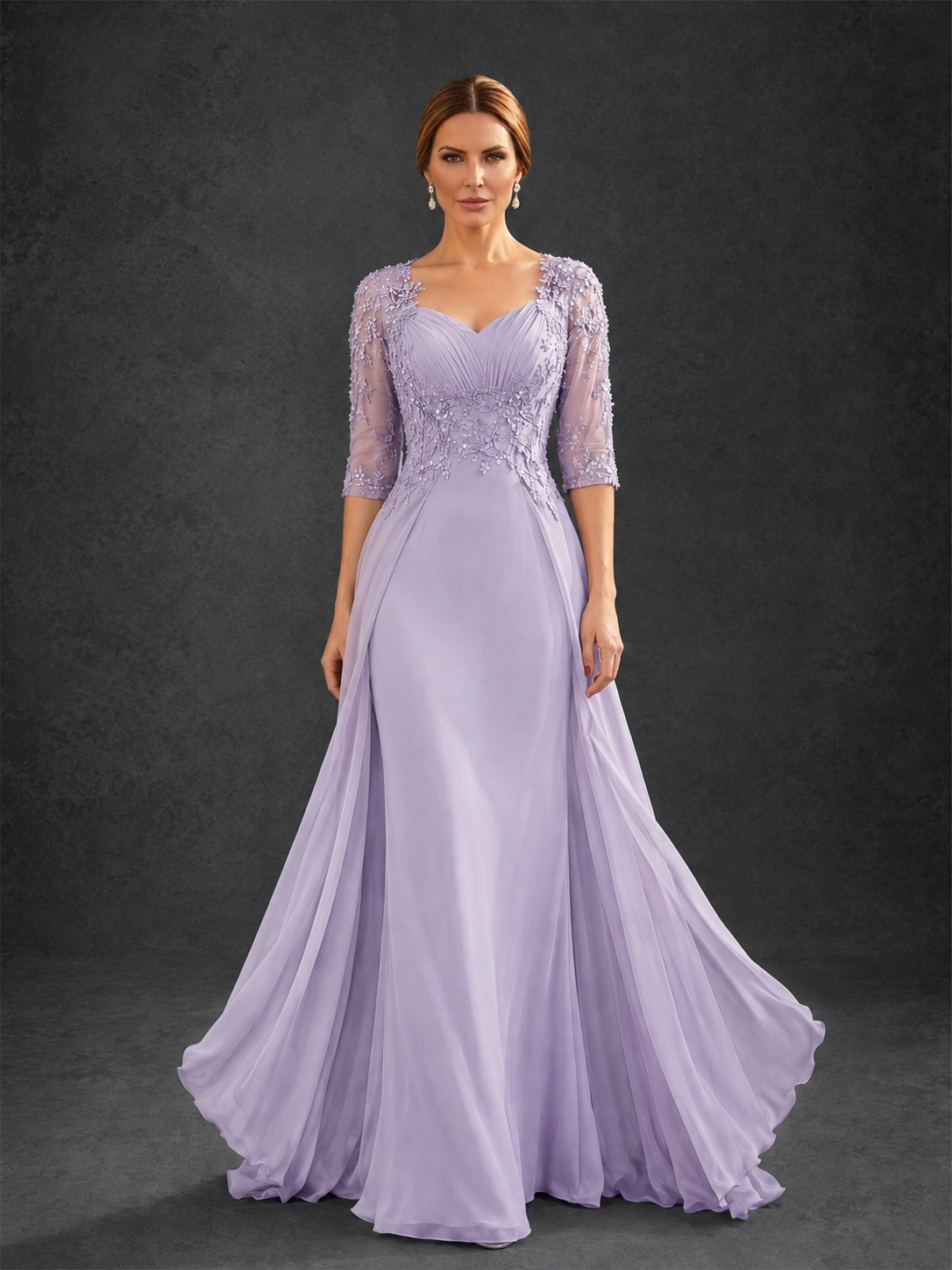 BOLODOO Lilac Sweetheart Neck 3/4 Sleeve Floral Lace Illusion Bodice Chiffon A-Line Gown - Lilac