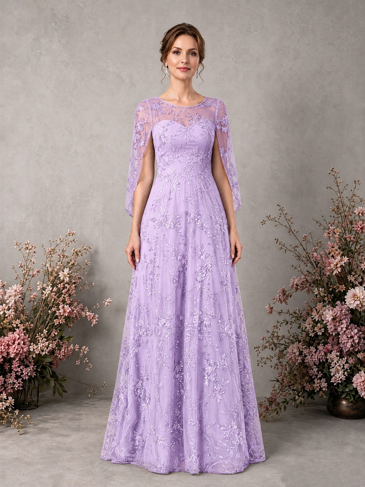 BOLODOO Lilac Sequin Lace Cape Sleeve Formal Evening Gown - Lilac - Lilac_1