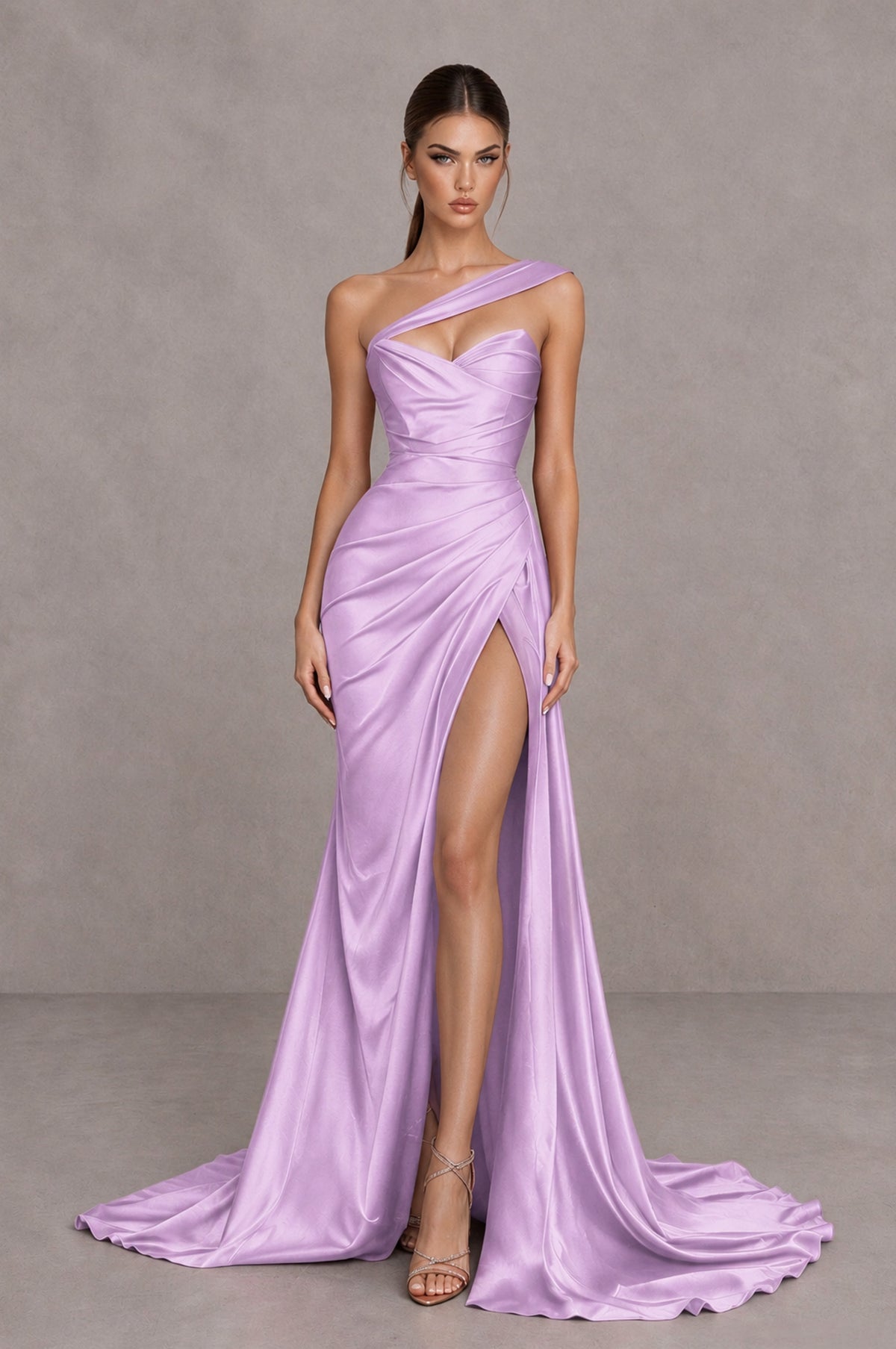 BOLODOO Lilac One Shoulder Satin Mermaid Evening Dress with Ruched Slit Skirt - Lilac - Lilac_1