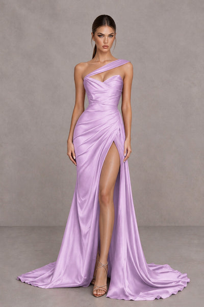 BOLODOO Lilac One Shoulder Satin Mermaid Evening Dress with Ruched Slit Skirt - Lilac - Lilac_1