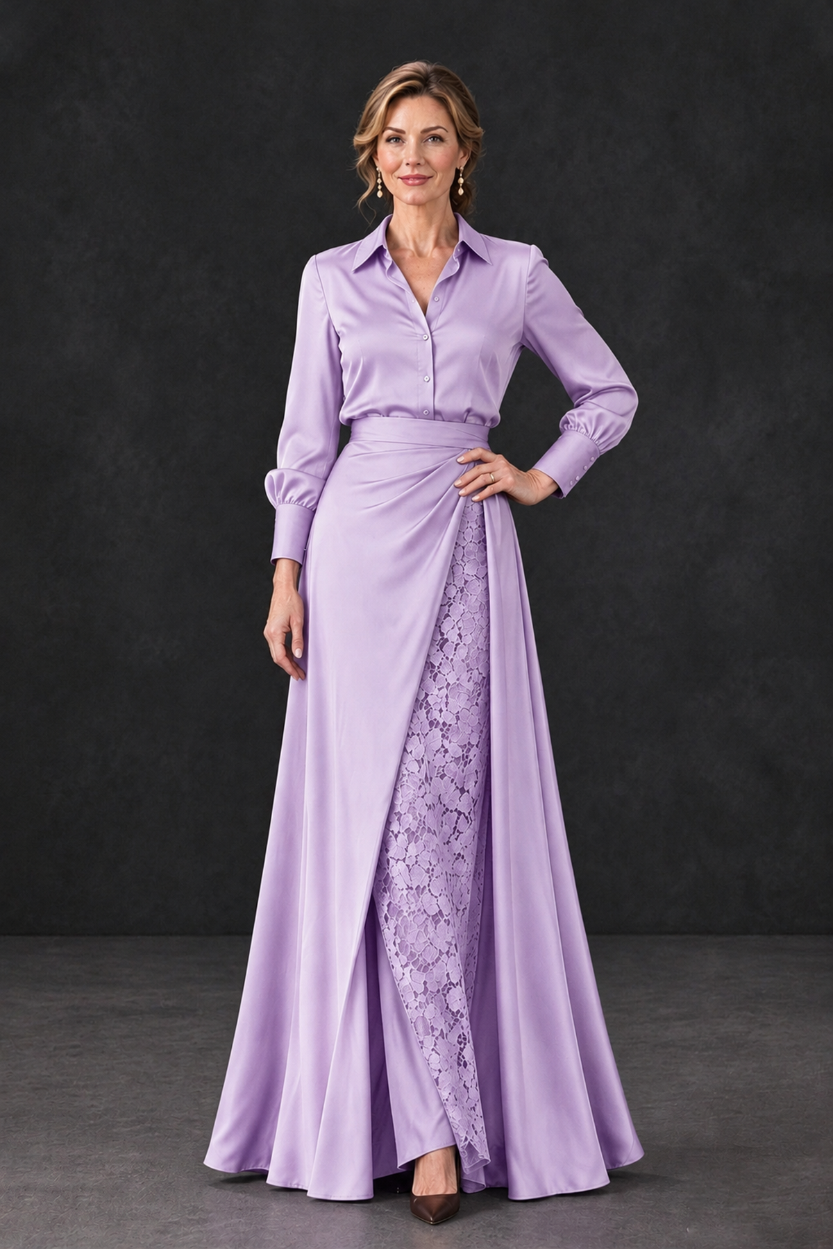 BOLODOO Lilac Long Sleeve Satin-Look Lace Panel Gown - Lilac - Lilac_1