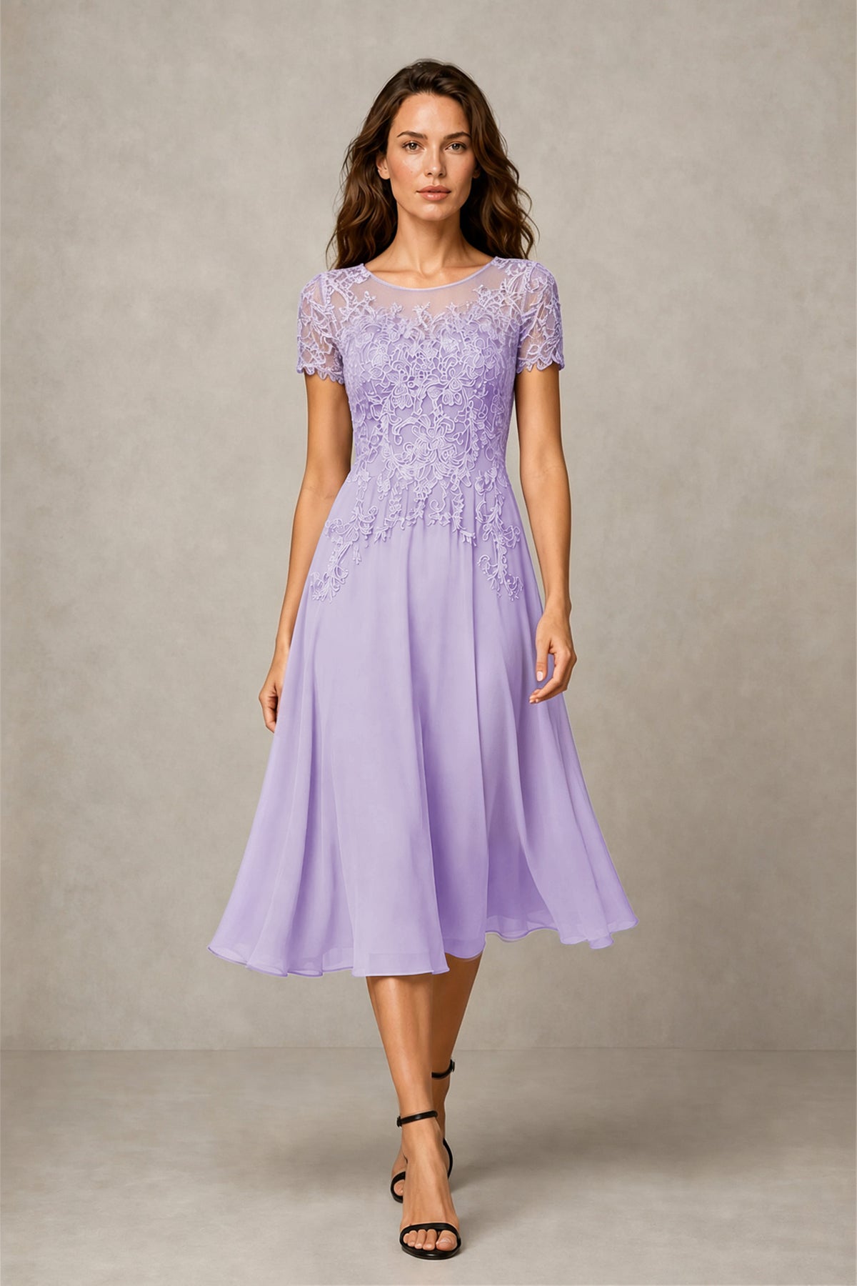 BOLODOO Steel Lilac Beaded Lace Illusion Bodice Chiffon Tea-Length Dress | Mother of the Bride & Cocktail Party - Lilac