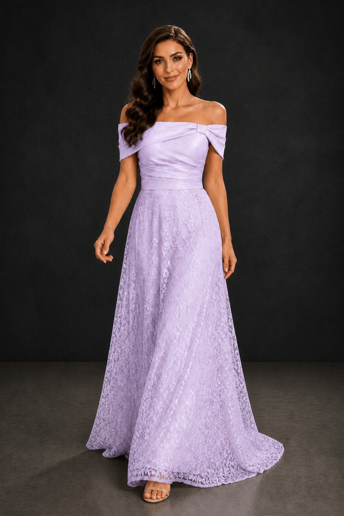 BOLODOO Lilac Lace Glitter Off Shoulder Cap Sleeve A-Line Ball Gown with Train – Formal Evening Dress - Lilac