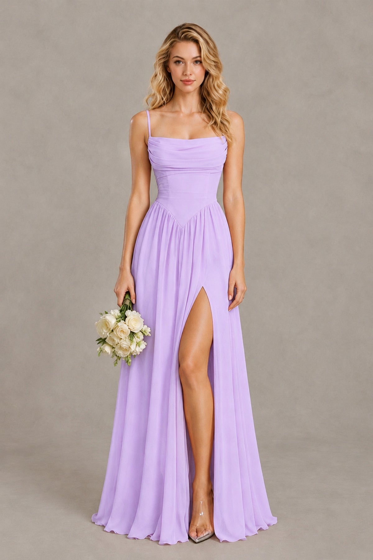 BOLODOO Lilac Spaghetti Strap A-Line Bridesmaid Dress with Slit - Lilac - Lilac_1