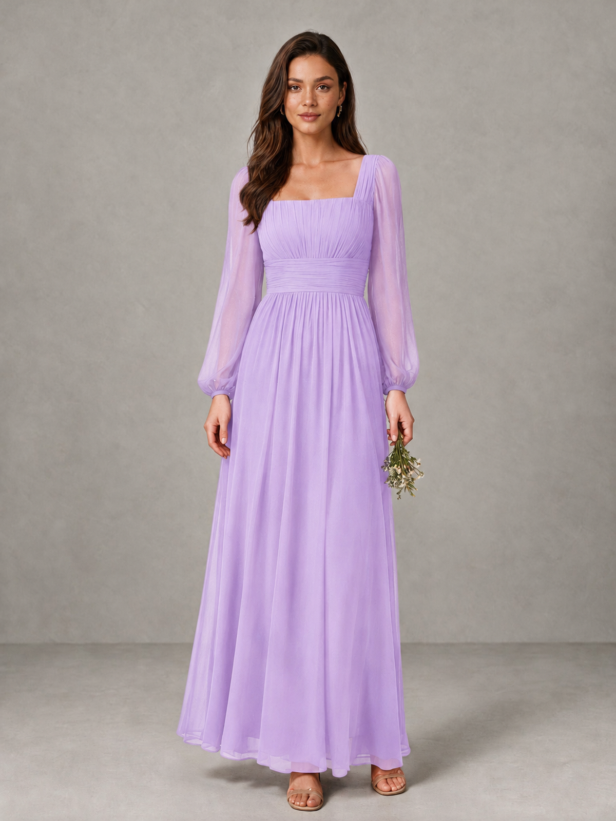 BOLODOO Lilac Square Neck Long Sleeve Chiffon Bridesmaid Dress - Lilac - Lilac_1