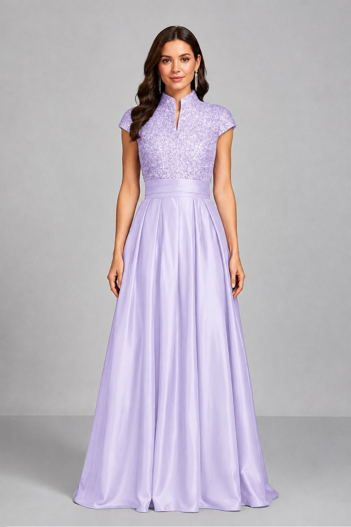 BOLODOO Lilac Sequin Embroidered High Neck Cap Sleeve A-Line Ball Gown – Formal Evening Dress - Lilac