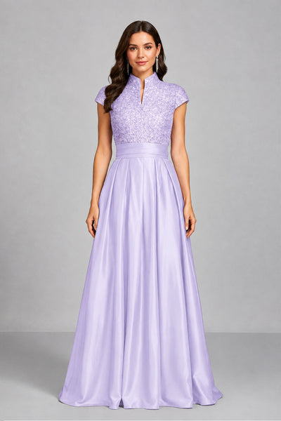 BOLODOO Lilac Sequin Embroidered High Neck Cap Sleeve A-Line Ball Gown – Formal Evening Dress - Lilac