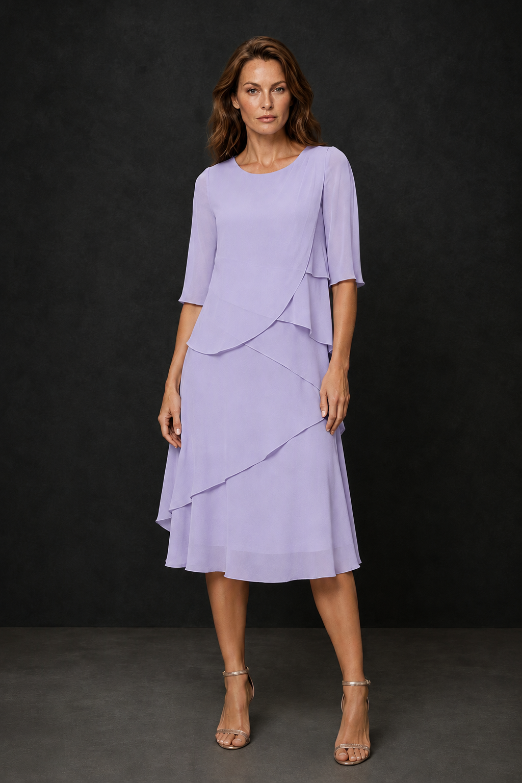 BOLODOO Lilac Chiffon 3/4 Sleeve Asymmetric Tiered Tea Length Dress | Mother of the Bride Midi Dress - Lilac