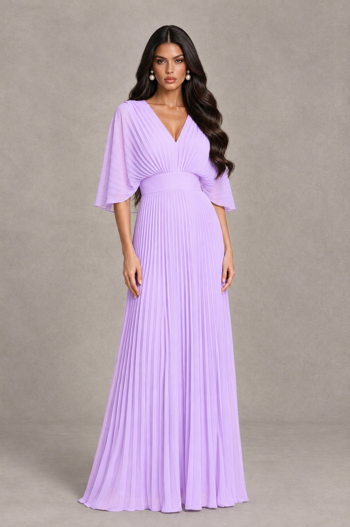 BOLODOO Lilac V-Neck Pleated Flutter Sleeve Formal Dress - Lilac - Lilac_1