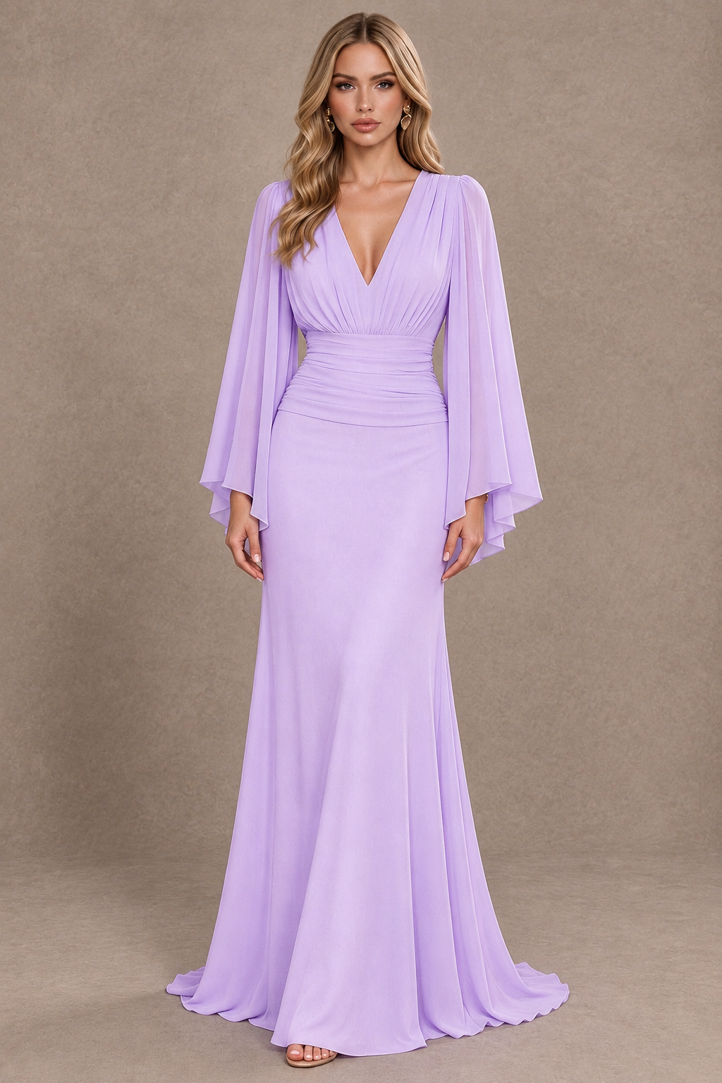 BOLODOO Lilac Cape Sleeve V-Neck Ruched Chiffon Evening Dress - Lilac - Lilac_1
