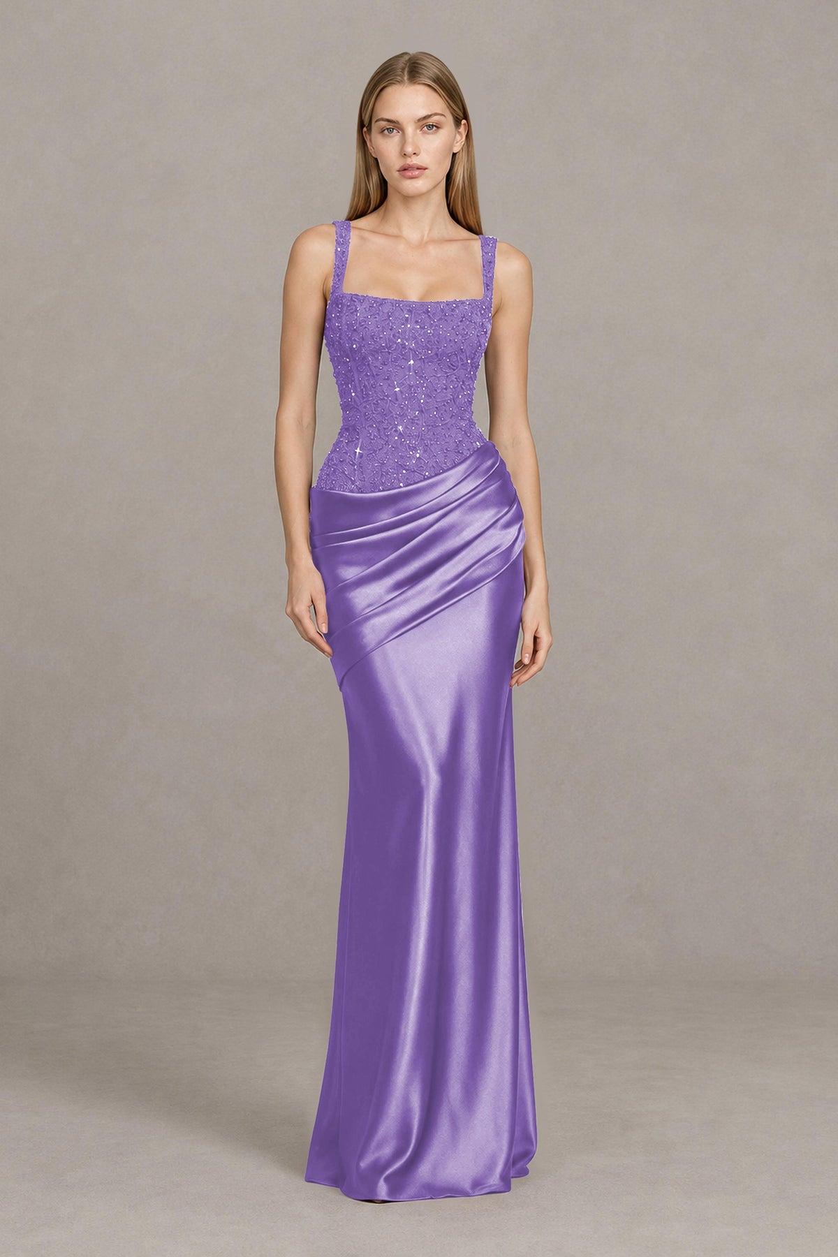BOLODOO Lilac Square Neck Embellished Satin Evening Gown - Lilac