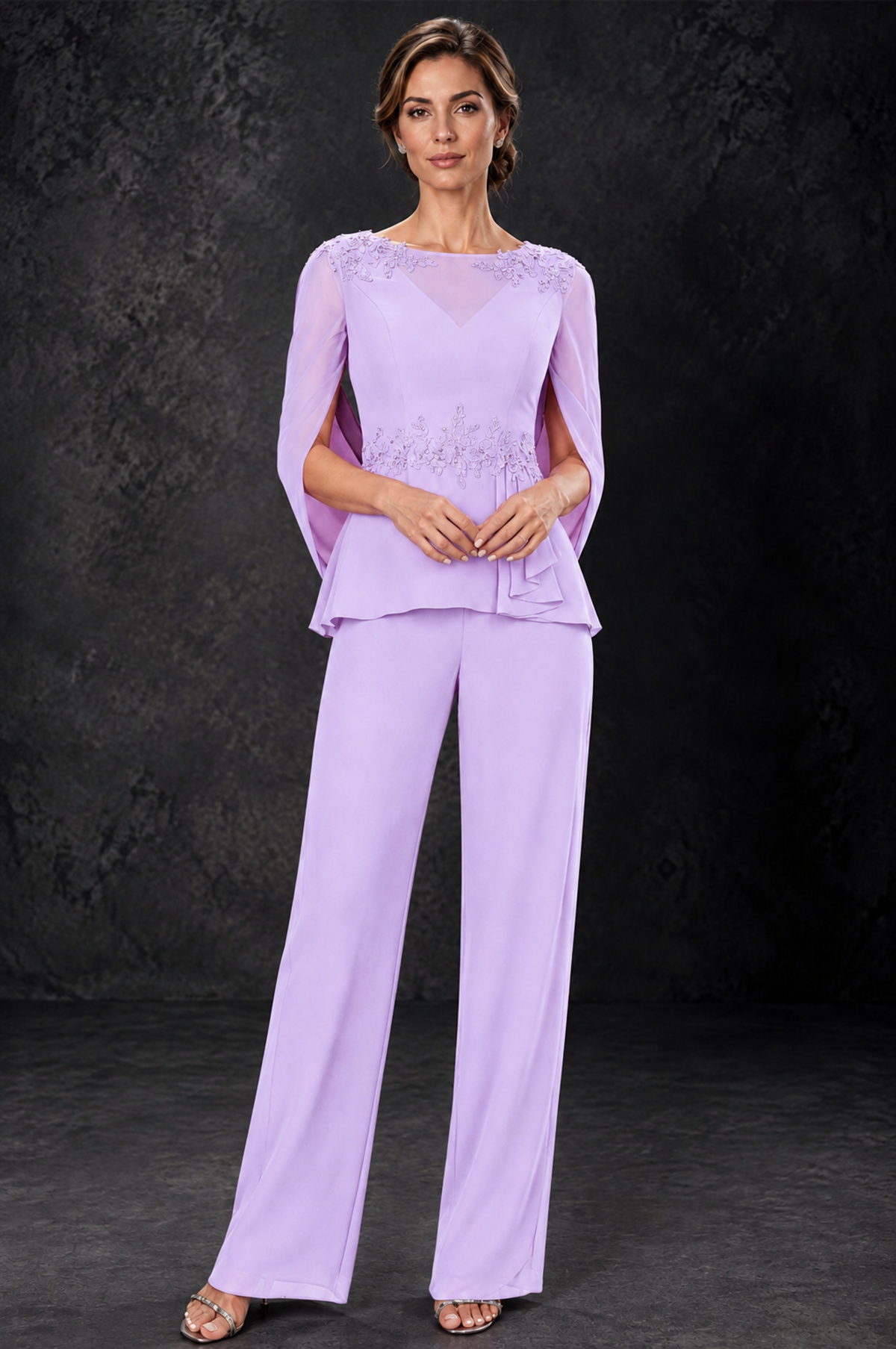 BOLODOO Lilac Embellished Cape Sleeve Mother of the Bride Pantsuit - Lilac - Lilac_1