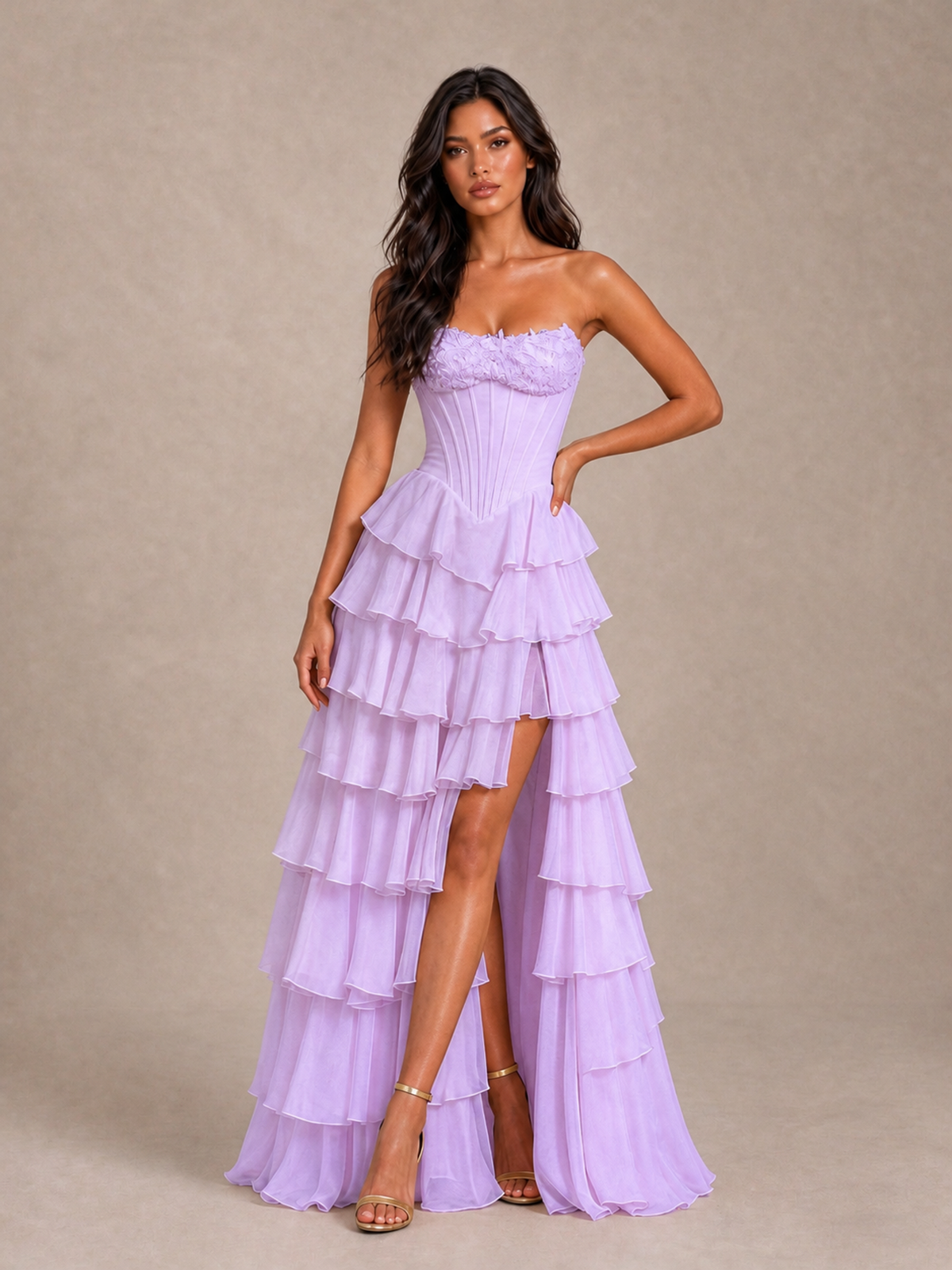 BOLODOO Lilac Strapless Corset Tiered Ruffle Prom Dress with High Slit - Lilac - Lilac_1