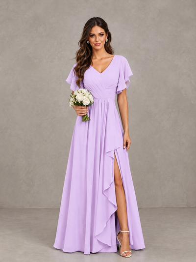 BOLODOO Lilac Flutter Sleeve V-Neck Bridesmaid Dress with Ruffle Slit - Lilac - Lilac_1