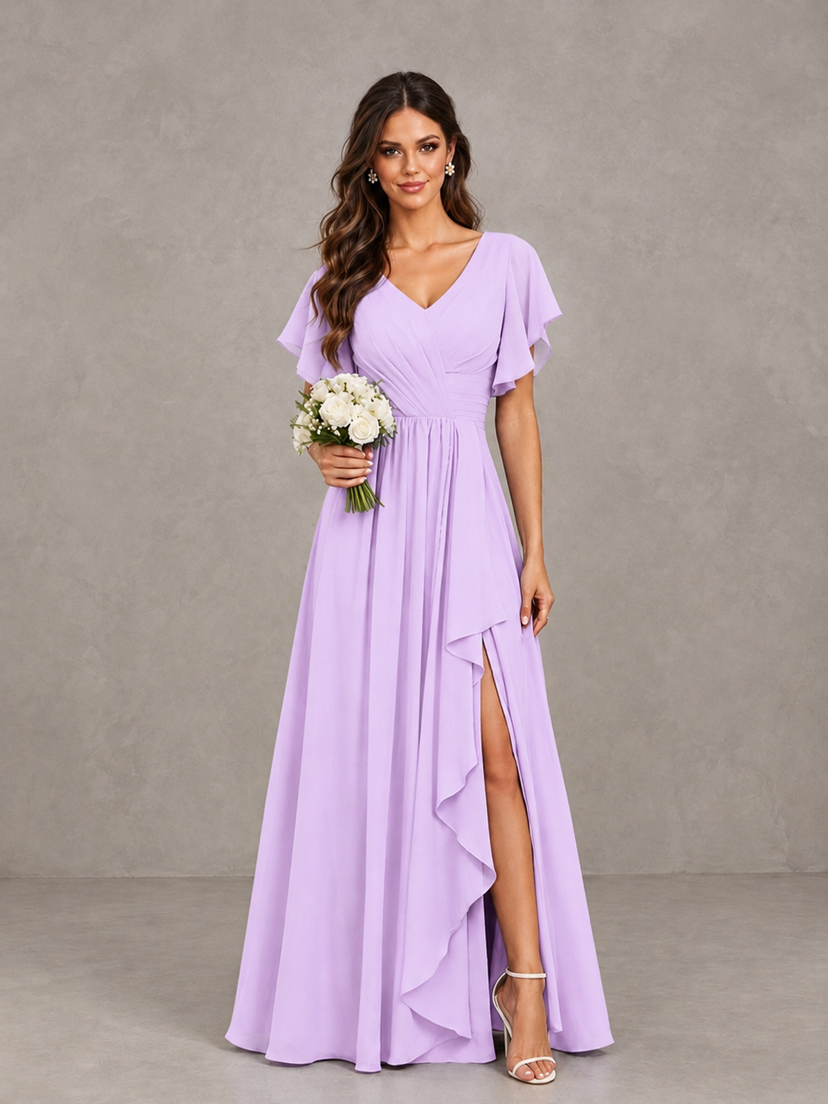 BOLODOO Lilac Flutter Sleeve V-Neck Bridesmaid Dress with Ruffle Slit - Lilac - Lilac_1