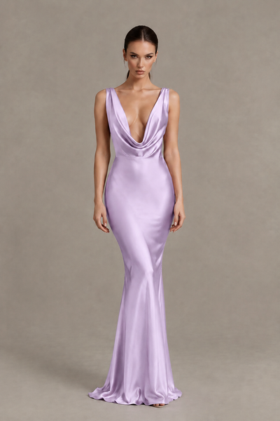 BOLODOO Lilac Cowl Neck Backless Satin Mermaid Evening Dress - Lilac - Lilac_1