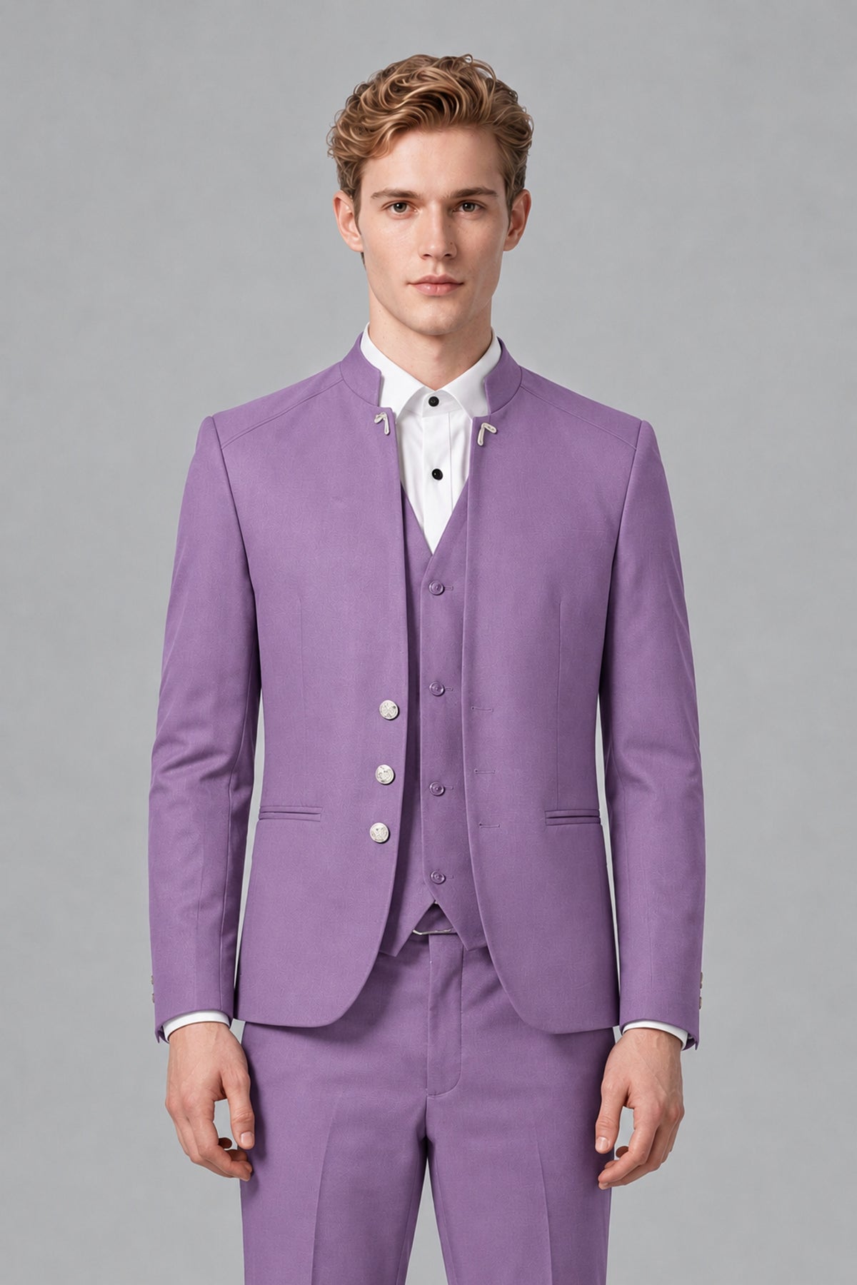 Bolodoo Men's Lilac Mandarin Collar 3-Piece Suit – Jacket, Vest & Trousers - Lilac - Lilac_1