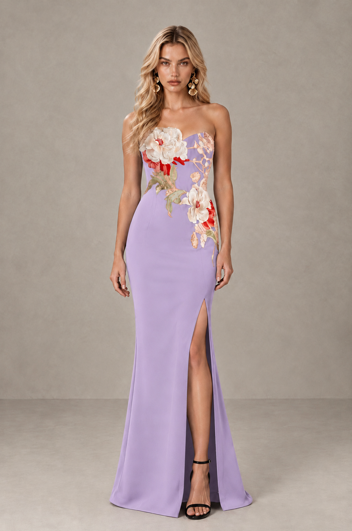 BOLODOO Lilac Strapless Floral Mermaid Evening Dress with Slit - Lilac - Lilac_1