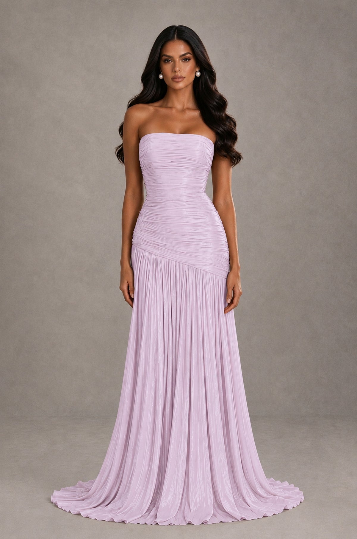 BOLODOO Lilac Metallic Ruched Strapless Pleated A-Line Backless Maxi Dress with Train - Lilac - Lilac_1