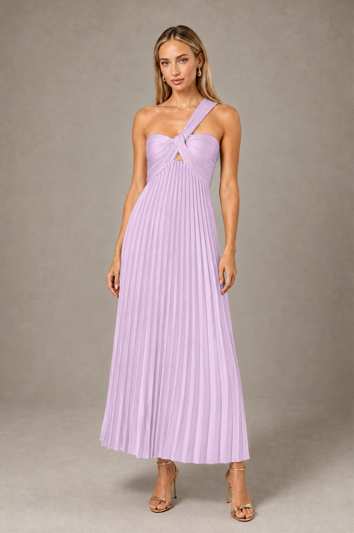 BOLODOO Lilac One-Shoulder Twist Knot Pleated Satin Midi Dress with Cutout - Lilac - Lilac_1