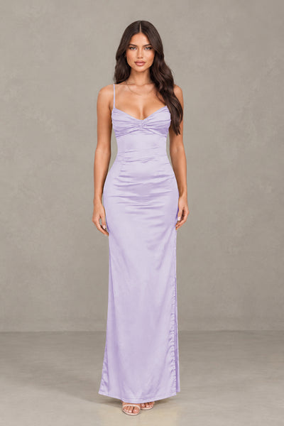 BOLODOO Lilac Satin Cowl Neck Open Back Mermaid Maxi Dress with Side Slit - Lilac