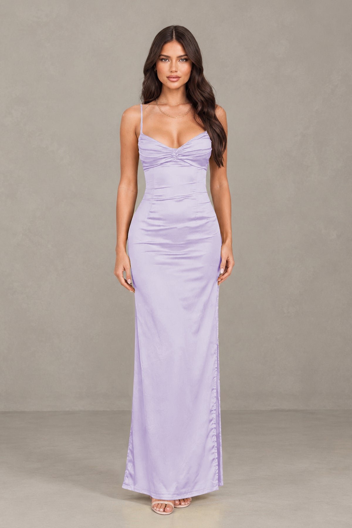 BOLODOO Lilac Satin Cowl Neck Open Back Mermaid Maxi Dress with Side Slit - Lilac
