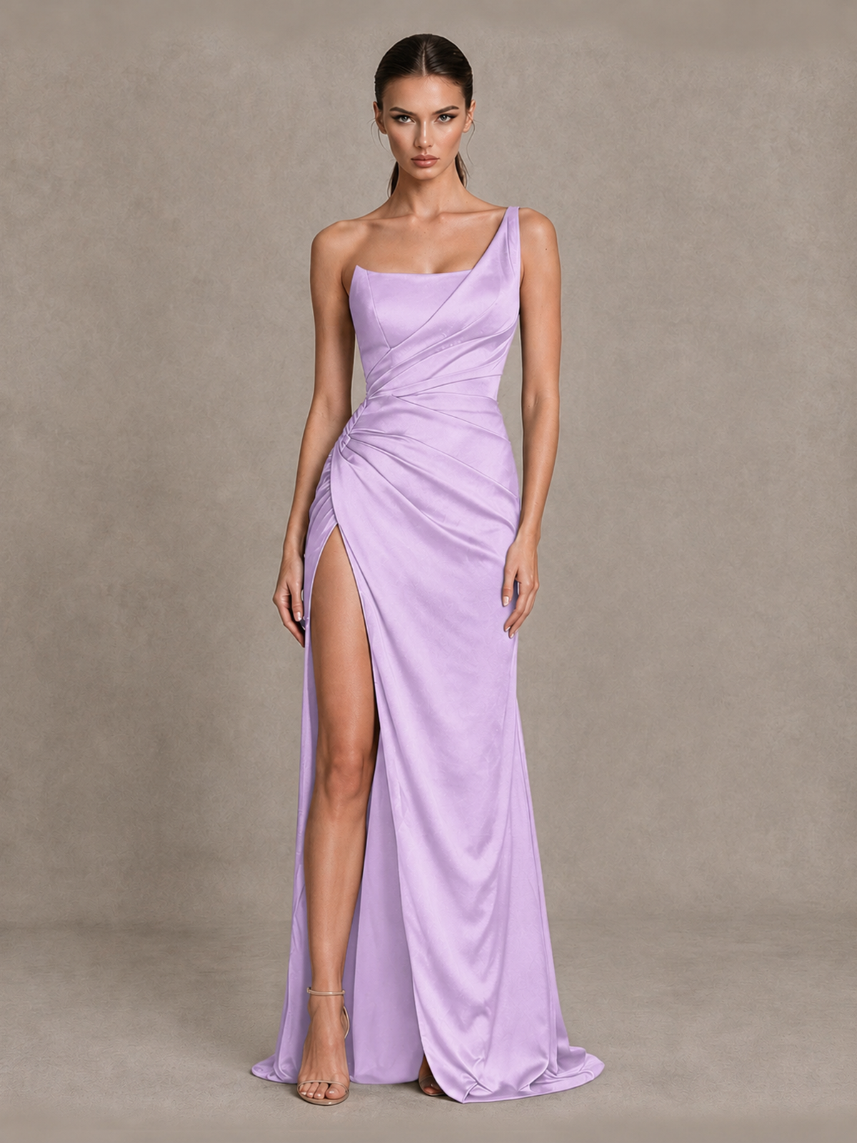 BOLODOO Lilac One Shoulder Satin Evening Gown with High Slit and Sweep Train - Lilac - Lilac_1