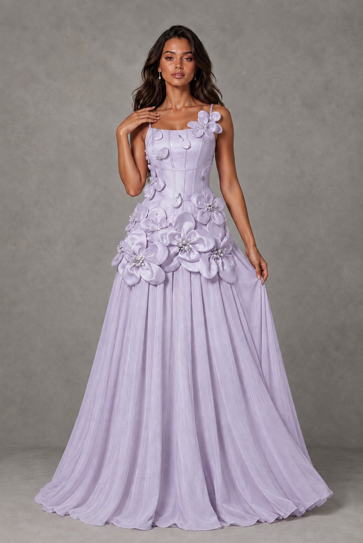 BOLODOO Lilac 3D Floral Appliqué Floor-Length A-Line Evening Gown - Lilac