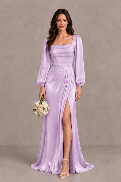BOLODOO Lilac Satin-Look Long Sleeve Evening Dress with High Slit - Lilac - Lilac_1