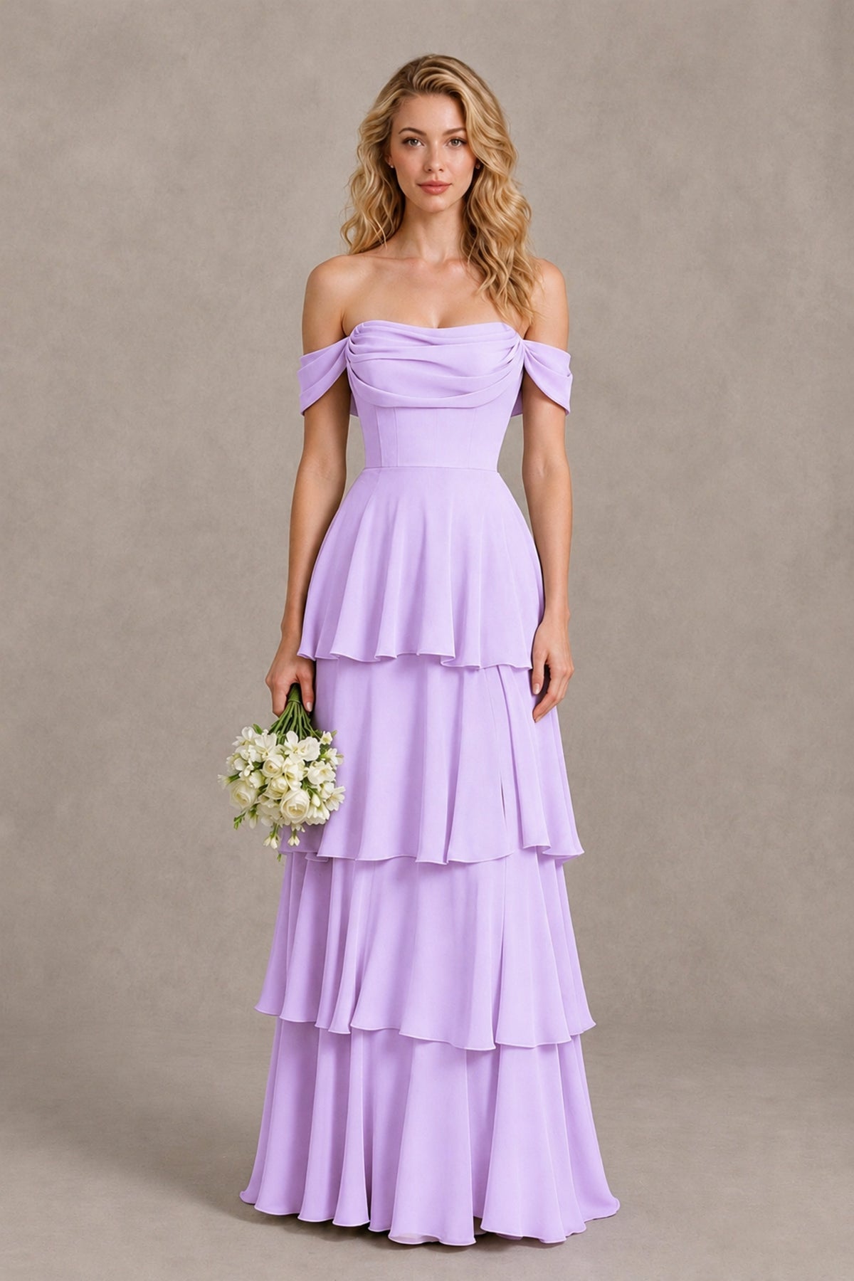 BOLODOO Lilac Off-the-Shoulder Tiered A-Line Evening Bridesmaid Dress - Lilac - Lilac_1