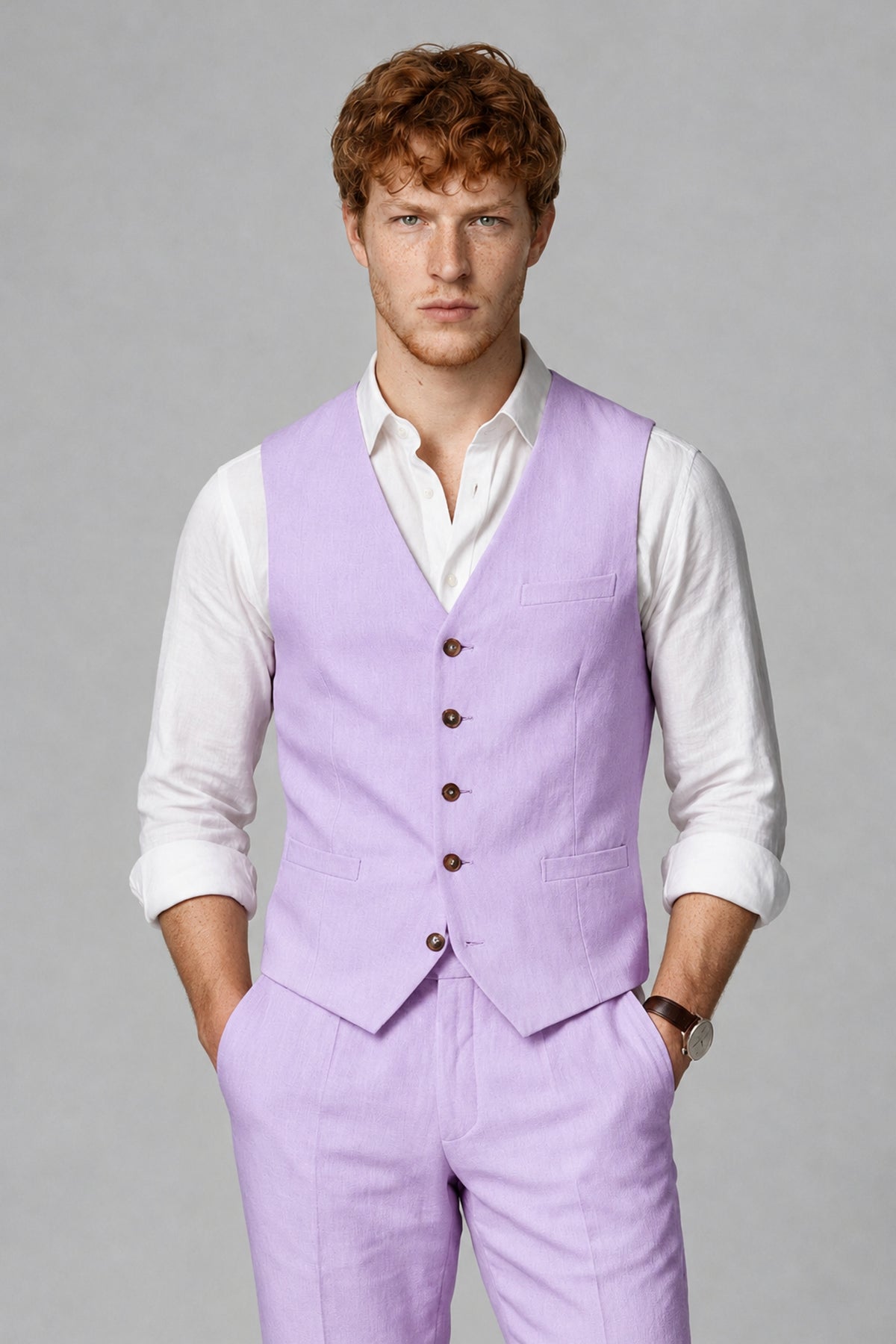 Bolodoo Men's Lilac 2-Piece Vest and Pants Set with V-Neck Waistcoat - Lilac - Lilac_1