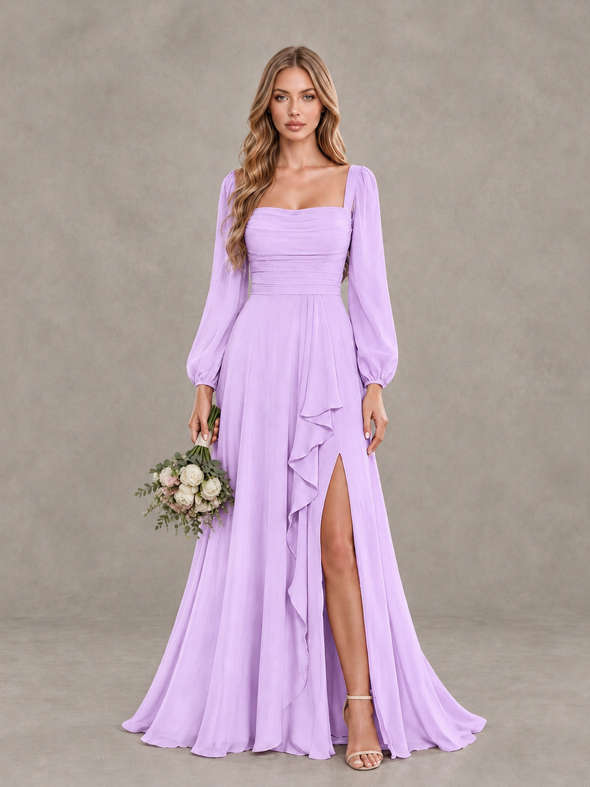 BOLODOO Lilac Square Neck Long Sleeve Bridesmaid Dress with Ruffle Slit - Lilac - Lilac_1