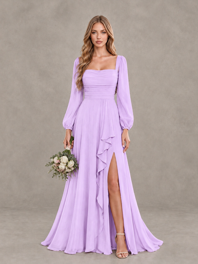 BOLODOO Lilac Square Neck Long Sleeve Bridesmaid Dress with Ruffle Slit - Lilac - Lilac_1