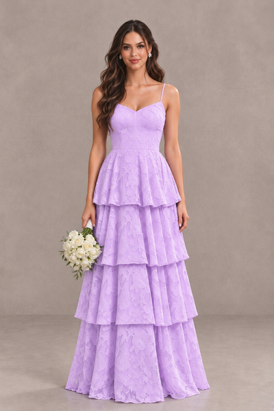 BOLODOO Lilac Tiered Floral-Textured Spaghetti Strap Maxi Dress - Lilac - Lilac_1