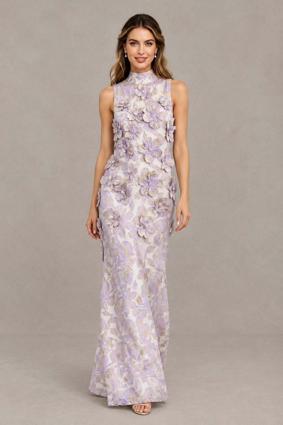BOLODOO Lilac High Neck Sleeveless 3D Floral Evening Gown - Lilac