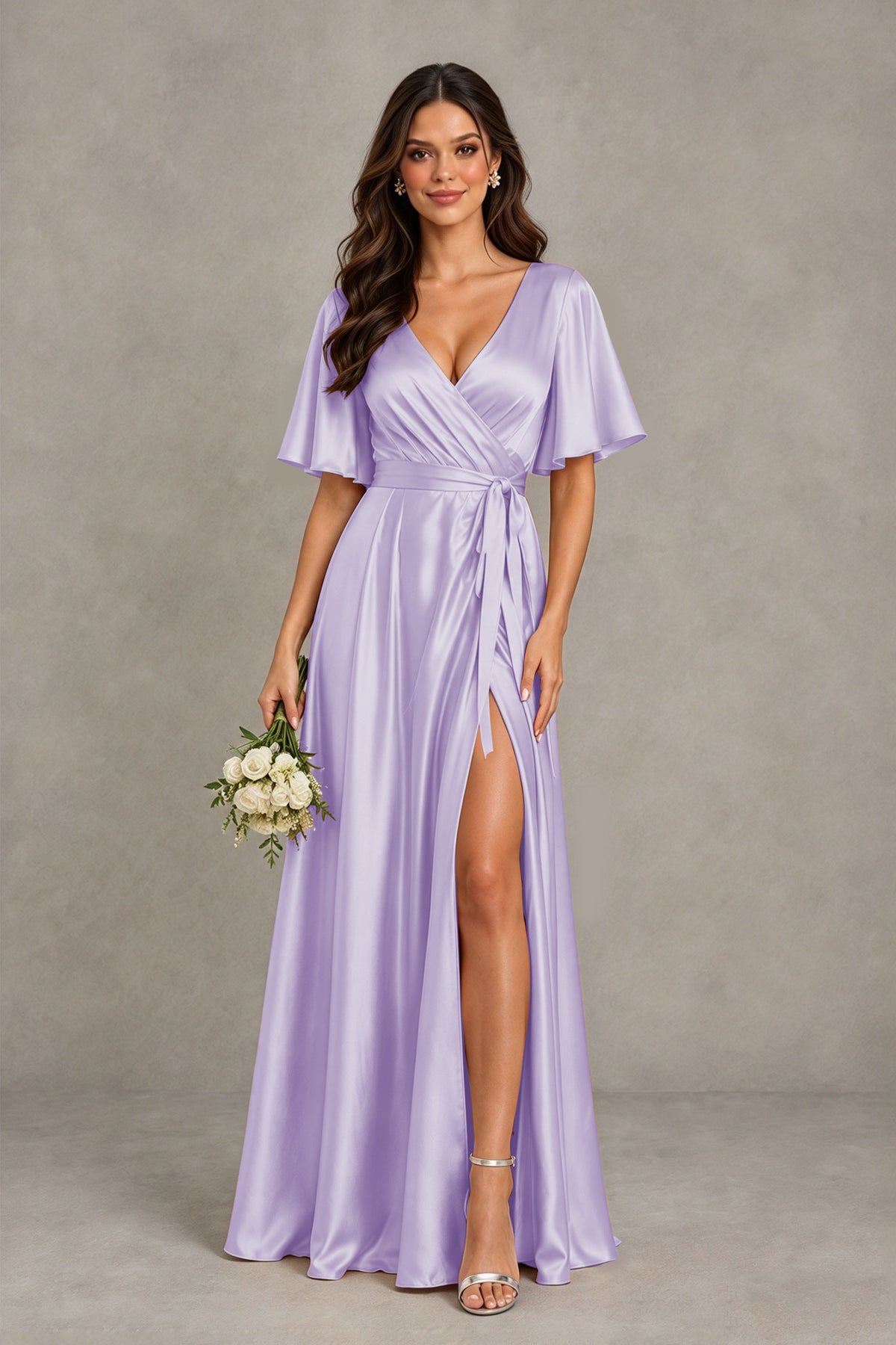 BOLODOO Lilac Satin V-Neck Flutter Sleeve Bridesmaid Dress with Slit - Lilac - Lilac(1)