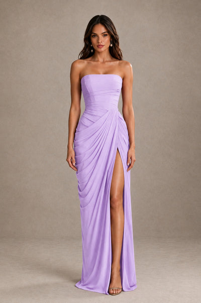 BOLODOO Strapless Draped Maxi Dress - Lilac Backless Evening Gown with High Slit - Lilac - Lilac_1