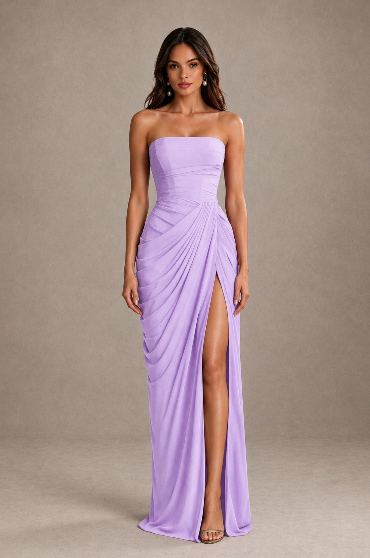 BOLODOO Strapless Draped Maxi Dress - Lilac Backless Evening Gown with High Slit - Lilac - Lilac_1