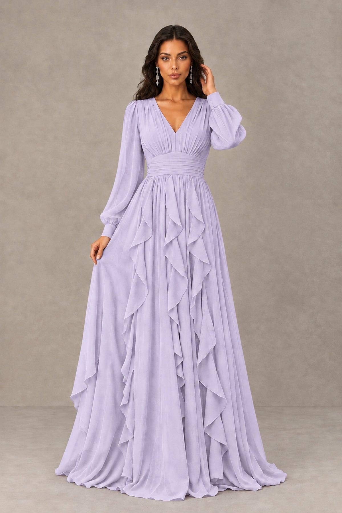 BOLODOO Lilac Long Sleeve V-Neck Ruffle Maxi Dress - Lilac