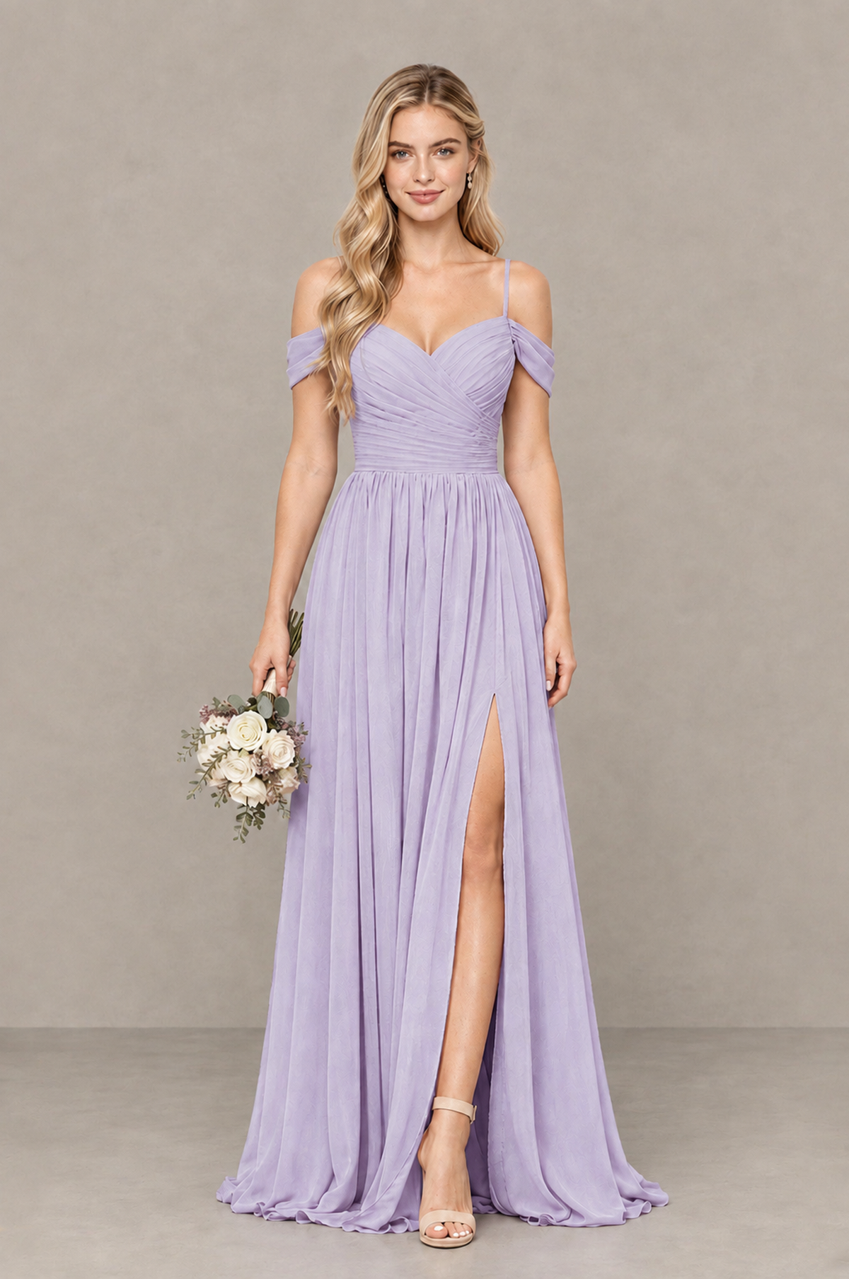 BOLODOO Lilac Off-Shoulder Bridesmaid Dress with Slit - Lilac