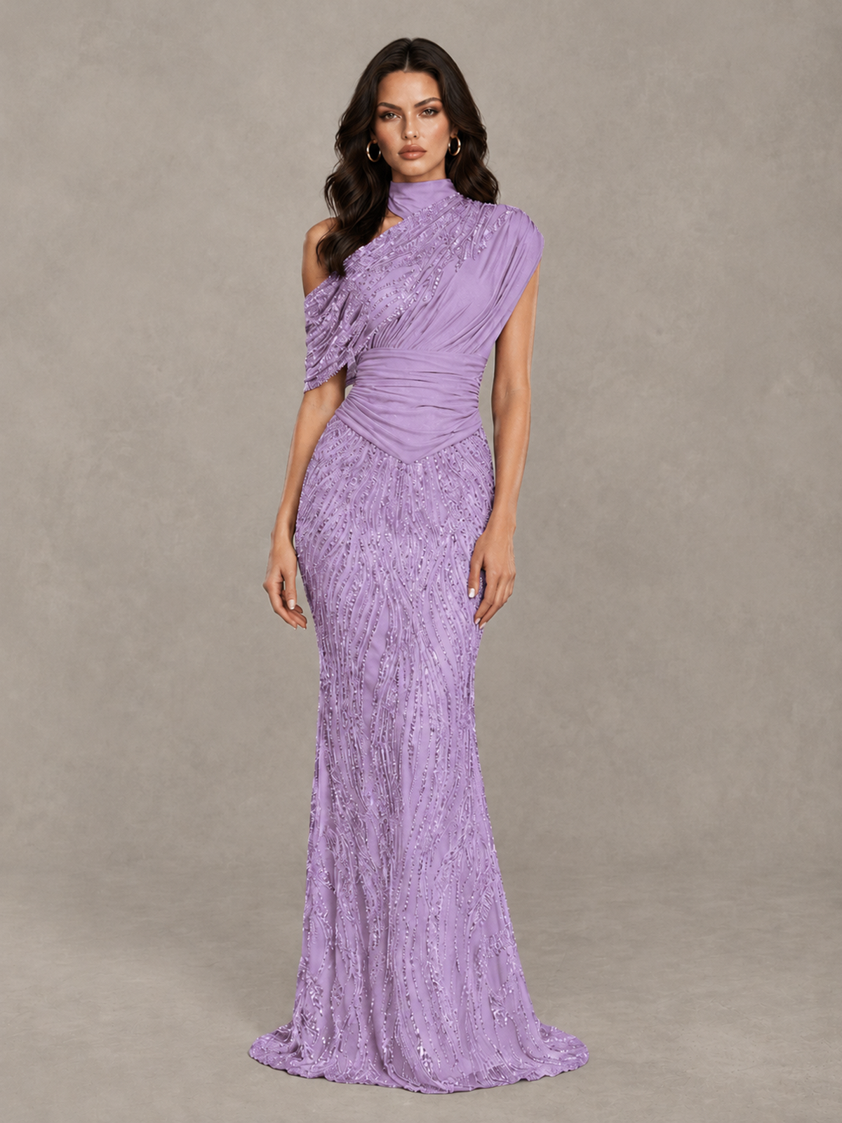 BOLODOO Lilac High Neck Draped Sequin Mermaid Evening Gown - Lilac - Lilac_1