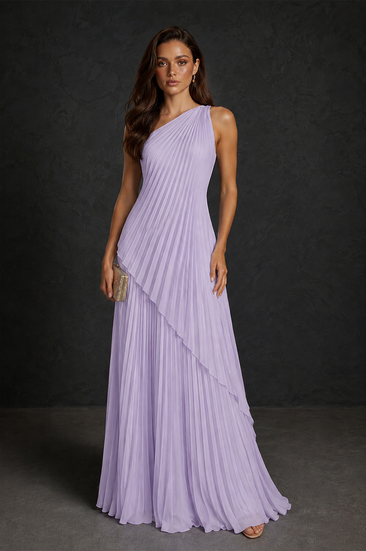 BOLODOO Lilac One-Shoulder Sunburst Pleated Asymmetric Layered Overlay Accordion Pleated Chiffon Maxi Dress - Lilac