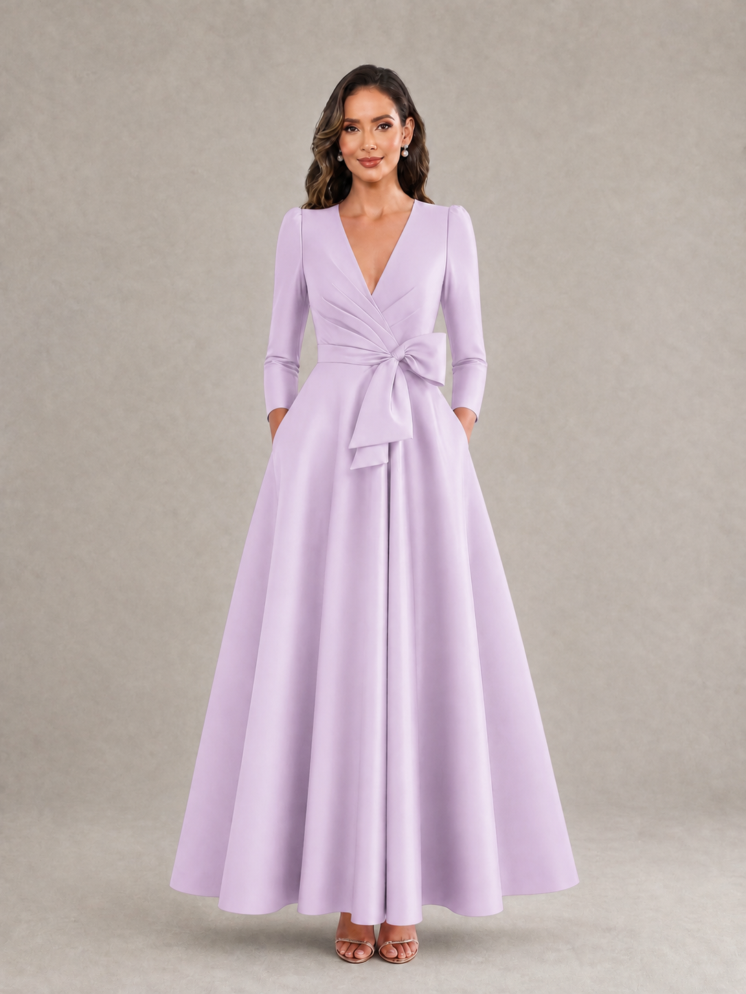 BOLODOO Lilac Satin Deep V-Neck Wrap 3/4 Puff Sleeve A-Line Ball Gown Maxi Dress with Oversized Bow Belt - Lilac