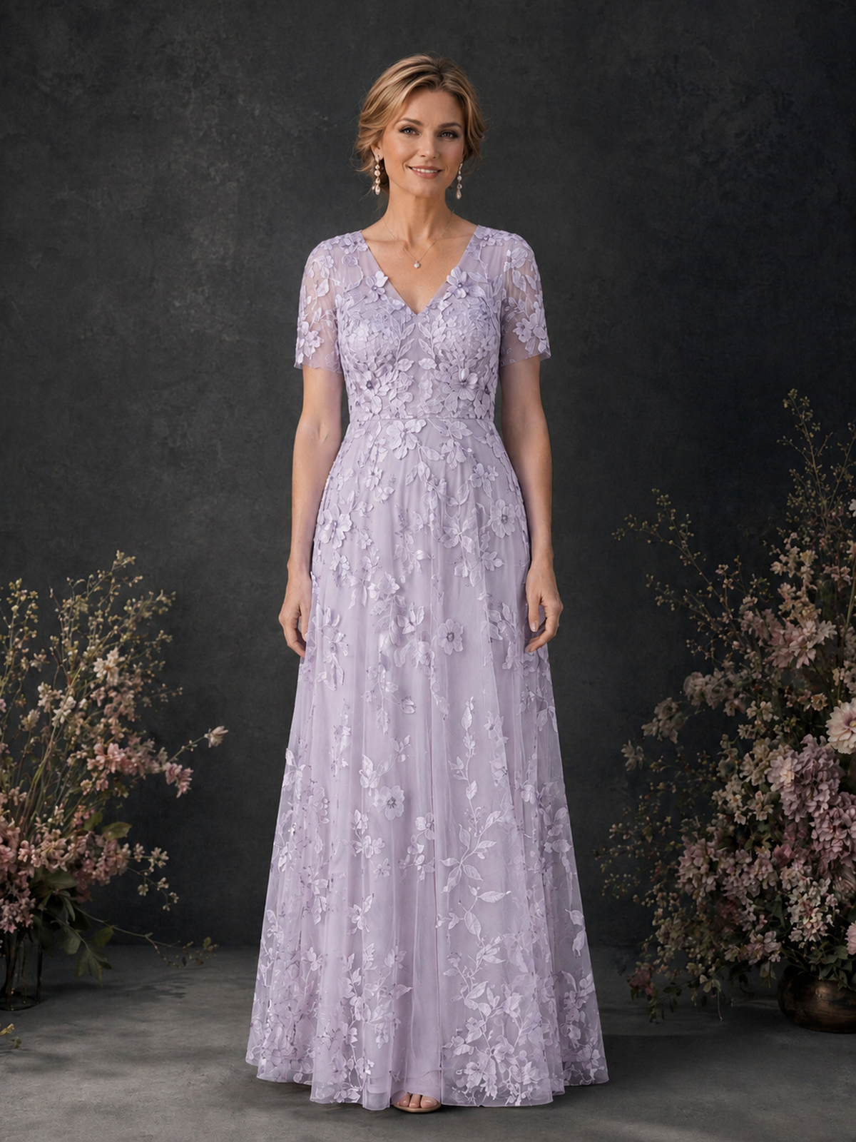 BOLODOO Lilac 3D Floral Embroidered Lace V-Neck Short Sleeve A-Line Maxi Dress - Lilac