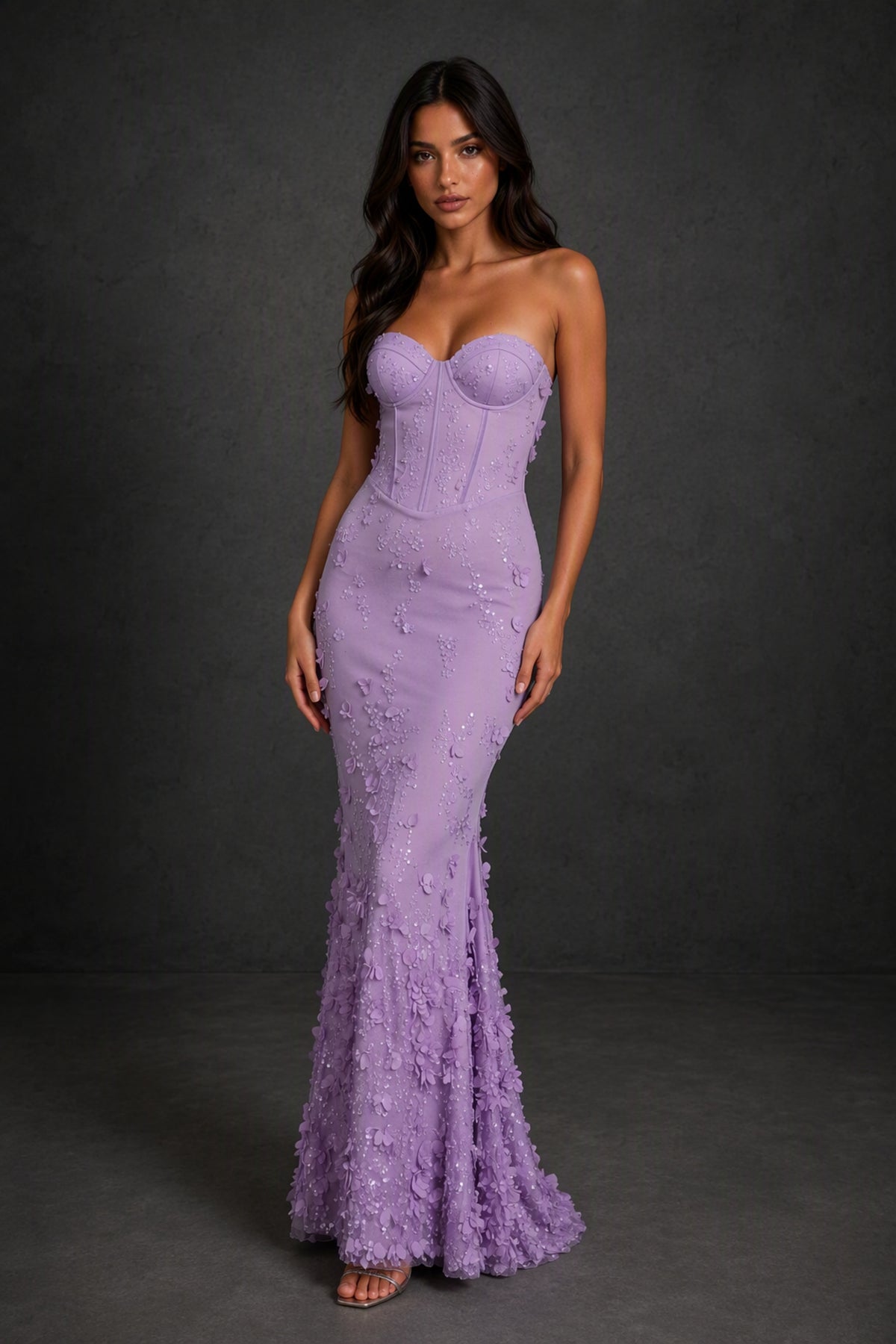 BOLODOO Lilac 3D Floral Sequin Corset Strapless Mermaid Gown - Lilac