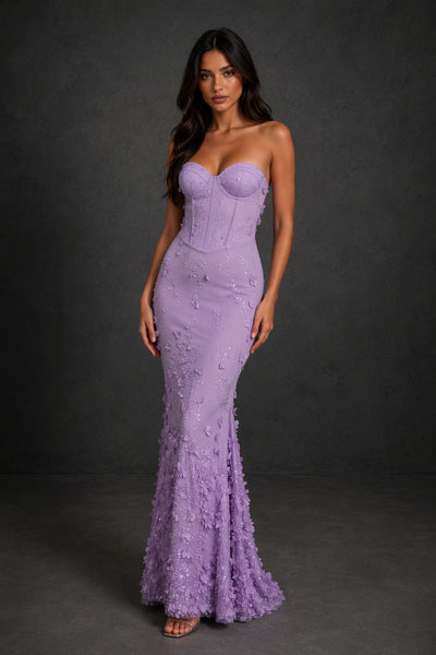 BOLODOO Lilac 3D Floral Sequin Corset Strapless Mermaid Gown - Lilac