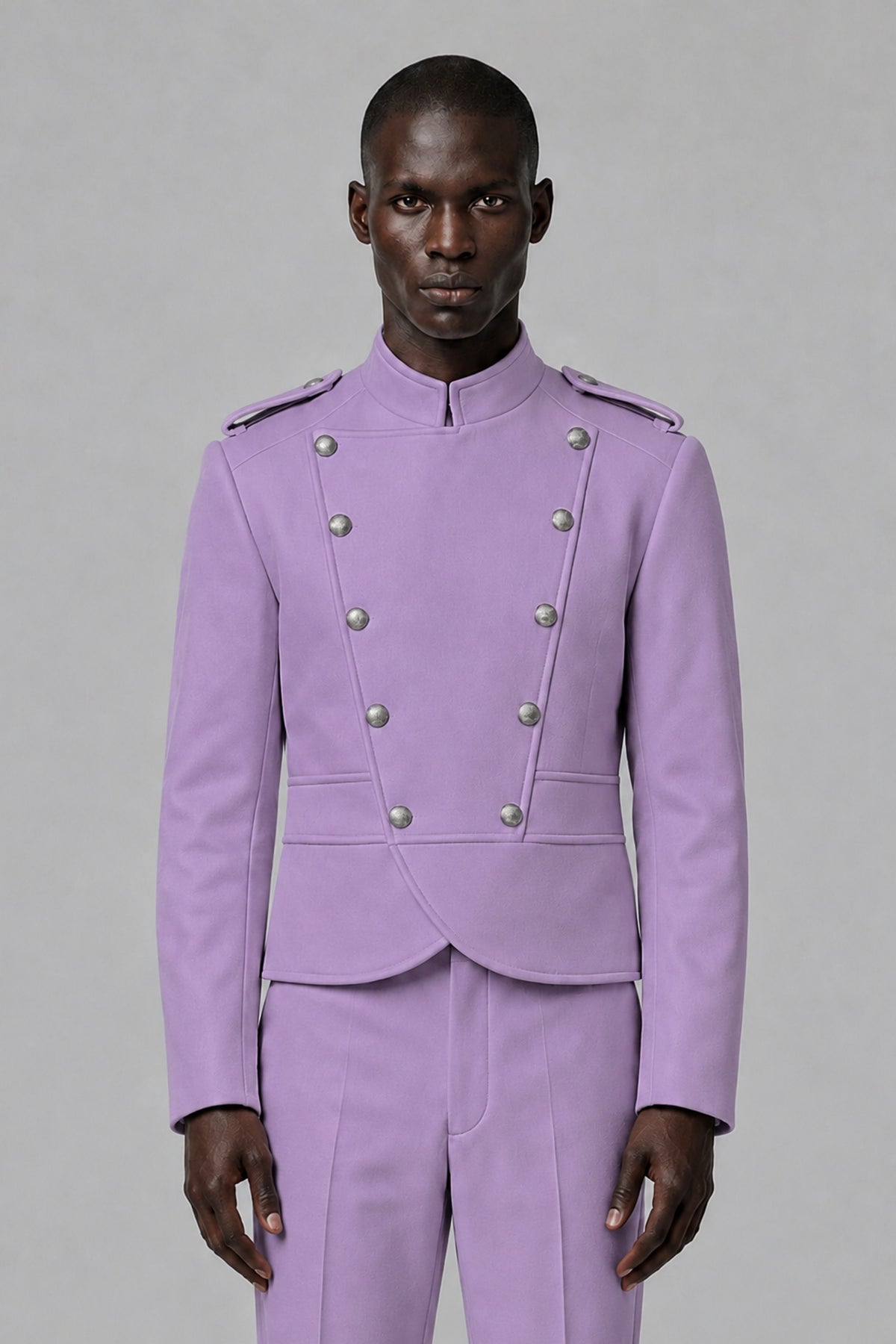 Bolodoo Men's Lilac Military-Inspired Two-Piece Suit with Stand Collar - Lilac - Lilac_1